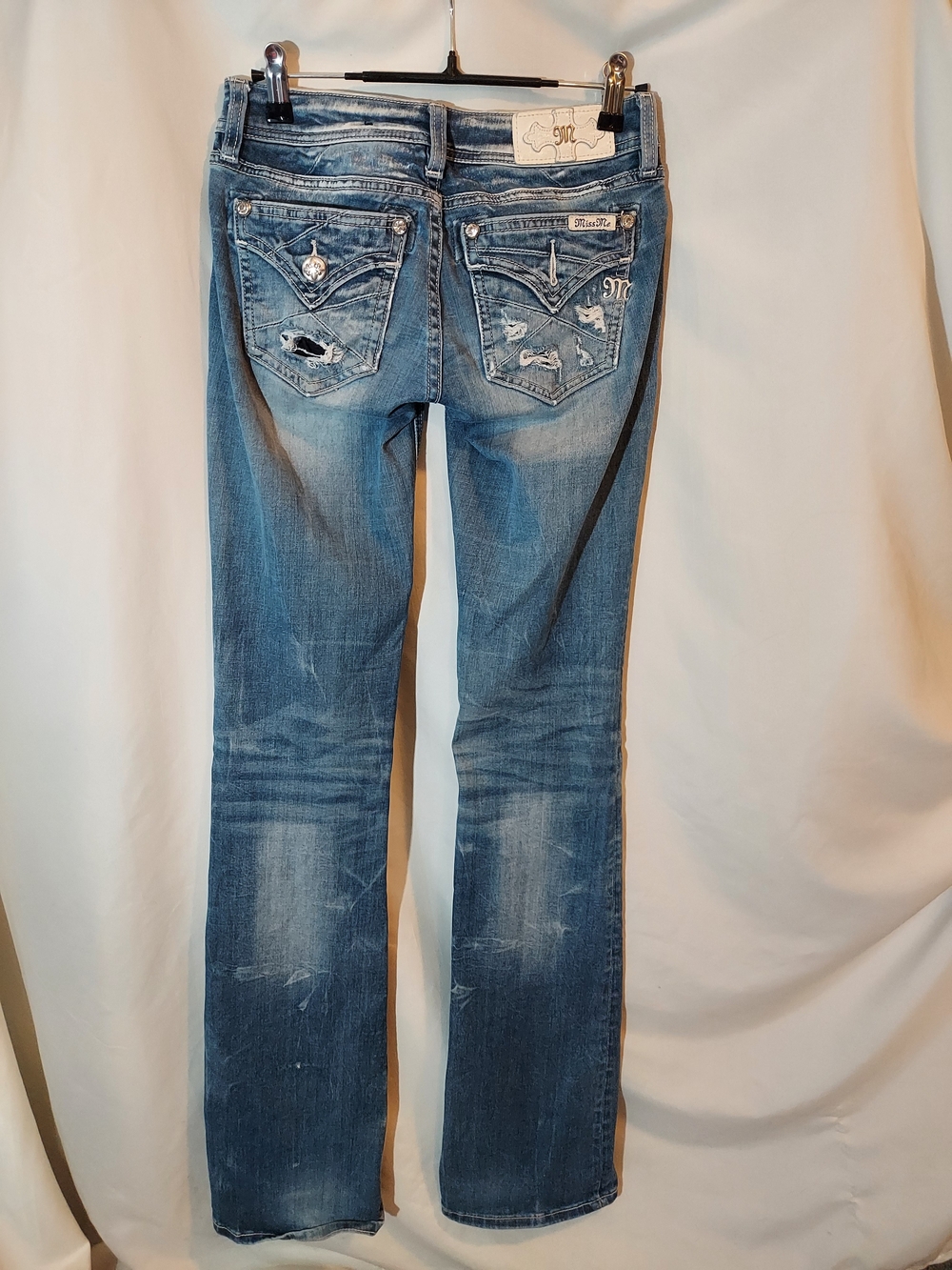 Miss Me Signature Bootcut Jeans Size 24 Medium Wash Distressed Bling Flap Pocket